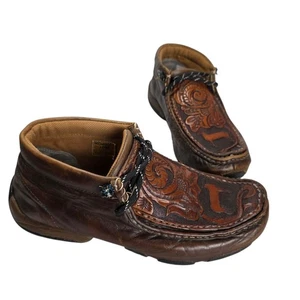 Twisted X Driving Moc Shoes Men 10M Brown Distressed Tooled Leather Western FLAW - Picture 1 of 19