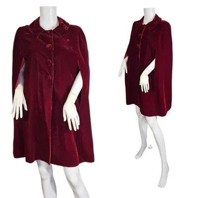 1960s Cranberry Red Rayon Velvet Cape Cloak I Sz Med - Image 1 of 4
