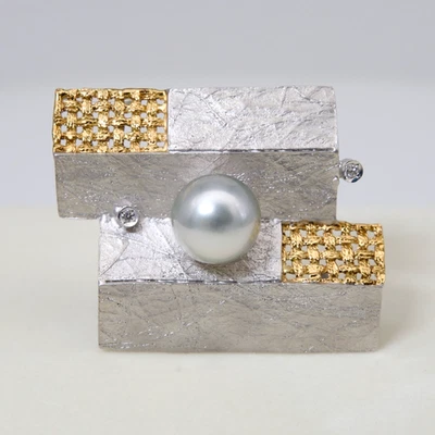 Big 12mm Round Silver South Sea Pearl & Diamond Brooch Sterling Silver,1.3"x1.7" - Image 1 of 4