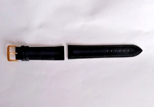 NEW MENS LEATHER WATCH STRAP 22MM WIDTH BLACK WITH GOLD COLOUR BUCKLE - Picture 1 of 3