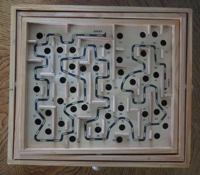 Wood Labyrinth Maze Game, 2 Steel Balls, Wood Knobs, 60 points, Works Perfectly - Image 1 of 3