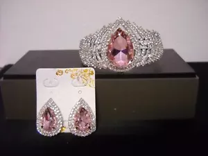 Juego de brazaletes y pendientes de puño ostentoso de estrás, boda, graduación, piedras rosas, #121 - Imagen 1 de 7