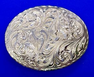 Ornate Filigree Oval Vintage Western Belt Buckle - Stamped Justin Silver Mexico - Picture 1 of 15