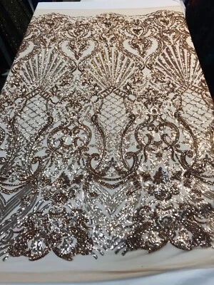 ROSE GOLD SHINY SEQUIN DAMASK DESIGN EMBROIDERY ON A 4 WAY STRETCH MESH-1 YARD. - Image 1 of 4