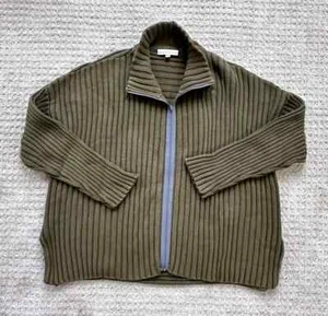 Bryn Walker Sweater Womens Large Cotton Ribbed Knit Boxy Green Mock Zip Cardigan - Picture 1 of 9