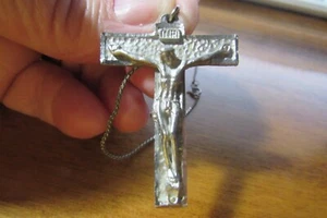16" silvertone necklace with 1 3/4" heavy cross crucifix - Picture 1 of 5