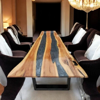 Gray Epoxy Resin Center Sofa Dining Table Handmade Wooden Live Edge Cafeteria De - Image 1 of 4