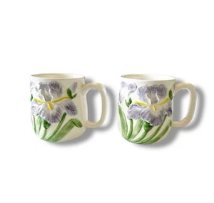 Otagiri Mary Ann Baker Porcelain Mugs Purple Iris Set Of Two Spring Flowers VTG - Picture 1 of 11