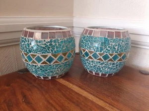 Set of 2 Blue Mosaic Glass Art Votive Candle Holder Bowl - Picture 1 of 4