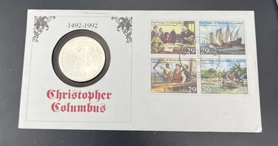 1992 D Christopher Columbus 90% Silver Dollar Coin in FDOI Stamp Pack - Image 1 of 4