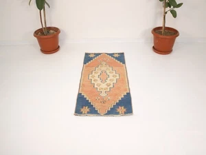 Mini alfombra vintage anudada a mano naranja azul felpudo tribal alfombra de acento 2x4 pies - Imagen 1 de 10