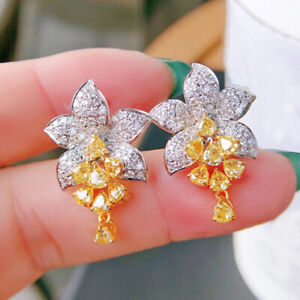 New Flower Design Charm Yellow Citrine Gems Women Stud Dangle Earrings 1 Pair