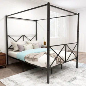 Queen Size Metal Platform Canopy Bed Frame Four-poster W/ Headboard & Footboard - Picture 1 of 9