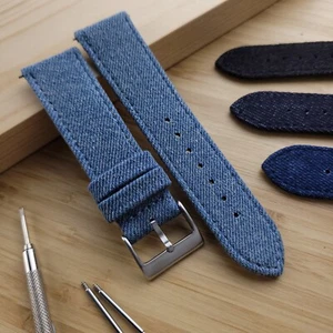 Denim Uhrenarmband | Jeans Stoff Uhrenarmband | 18 mm 20 mm 22 mm | blau und schwarz - Bild 1 von 15
