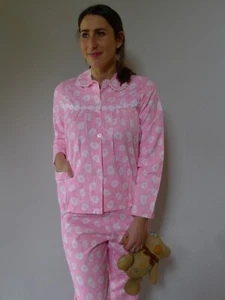 Vintage 60s unused XS - S Pyjamas pure cotton fine flannel pink white floral - Bild 1 von 7