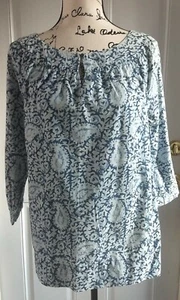 Lands End Blue White Paisley Cotton Tunic Top 3/4 Sleeves Size 16P Petite 16 NWT - Picture 1 of 7
