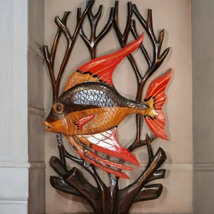 Arte de pared de peces madera tallada a mano único brillante náutico vida marina arrecife de coral tropical - Imagen 1 de 8