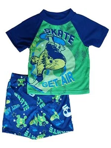 Boys Get Air Skateboarding Skull Print Blue & Green 2 Piece Pajama PJ Set - Picture 1 of 1
