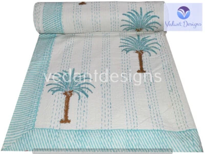 Colcha india hecha a mano de algodón vintage bloque queen/doble Kantha edredón Foto 1 de 4