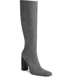 NEW BALENCIAGA PRINCE OF WALES CHECK KNEE HIGH BOOTS HEELS BLACK  SZ IT37 US7 - Picture 1 of 10