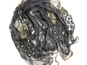 Womens Black Gold Scarf Ruffled Mesh Sheer Peacocks Formal Wrap Shawl Long  - Picture 1 of 5