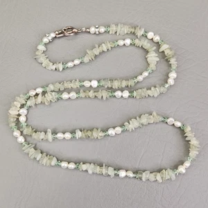 Beaded Necklace Fresh Water White Pearls Prehnite Mint Green Stone Chip 31.5" - Picture 1 of 11
