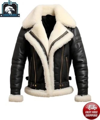 Men’s B3 Shearling Aviator Leather Bomber Jacket Black with White Fur Collar - Image 1 of 4