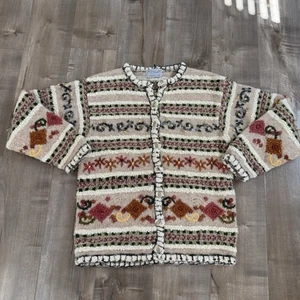 Vintage Northern Isles Hand Knitted Sweater Cardigan Large Chunky Floral - Picture 1 of 12