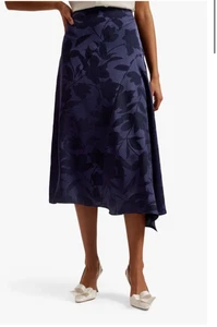 TED BAKER Midi Skirt Womens TB 1 UK 8 Trebbia Navy Asymmetric Jacquard Floral - Picture 1 of 21