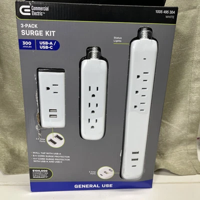 Commercial Electric Surge Protector Set 3-Pack - 8 Ft - 4 Ft & Wall Tap  NEW - Image 1 of 4