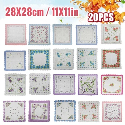 20PCS Ladies Handkerchiefs 100% Cotton Hankies Hankerchief Pocket Vintage Flower - Image 1 of 4