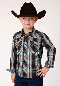 Roper Boys Crossing Dobby Brown 100% Cotton L/S Shirt - Picture 1 of 4
