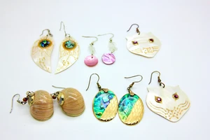 Lot of 5 Handcrafted Sea Shell Dangle Earrings for Pierced Ears cat angel wing - Picture 1 of 10