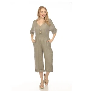 Taupe Half Sleeves Elastic Waist Jumpsuit - Picture 1 of 6