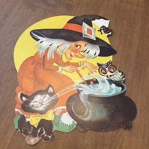 Vintage Eureka Halloween gestanzte Hexe schwarze Katze Kessel Eule hergestellt in den USA lebendig - Bild 1 von 15