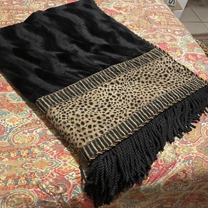 Sweet Dreams Neiman Marcus Throw Blanket Velvet Leopard Print Black Gold Fringe - Picture 1 of 10