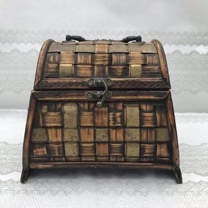 Wood Box Purse With Handle Footed With Latch Basket Weave - Picture 1 of 15