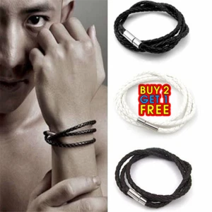 Men Handmade Leather Braided Surfer Wristband Bracelet Bangle Steel Clasp - Picture 1 of 19