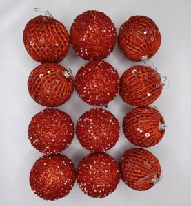 12 Red Sequin Glitter Christmas Tree Ornaments 8cm Styrofoam Balls - Picture 1 of 11