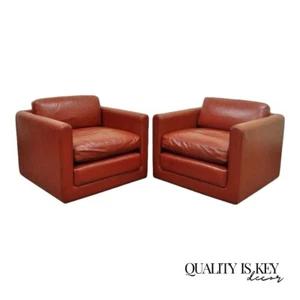 Mid Century Modern Red Leather Cube Club Lounge Chairs on Casters - a Pair - Picture 1 of 12