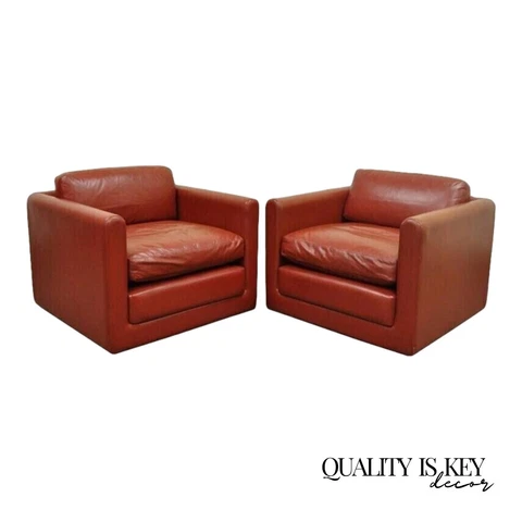 Mid Century Modern Red Leather Cube Club Lounge Chairs on Casters - a Pair Cover