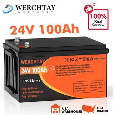 WERCHTAY 24V 100Ah LiFePO4 Lithium Battery Deep Cycle BMS Off-grid For RV Solar Marine