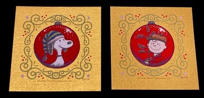 2 件套 Marq Spusta 迷你圣诞装饰品屏幕打印 Charlie Brown 史努比金色 — 第 1/4 张图片