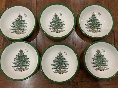 SPODE CHRISTMAS BOWLS  SET X 6 SPECIAL EDITION GREEN TRIM NEW ENGLAND 16cm - Image 1 of 4