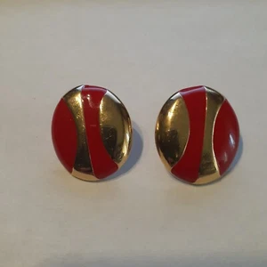 Vintage Stamped Monet Gold Tone Pierced Earrings Gold and Red Enamel - Picture 1 of 4