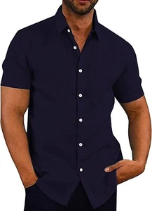 COOFANDY Men's Casual Linen Shirt Short Sleeve Button Down Dark Blue XXL / 2XL - Picture 1 of 4