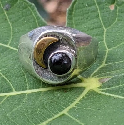 Black Star Onyx And New Moon Artisan Hand Made Sterling Silver Ring Sz8.75 .A30d - Image 1 of 4