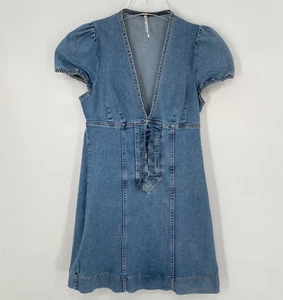 Vestido vaquero Free People para mujer talla 4 azul cuello profundo con cordones manga abullonada - Imagen 1 de 19