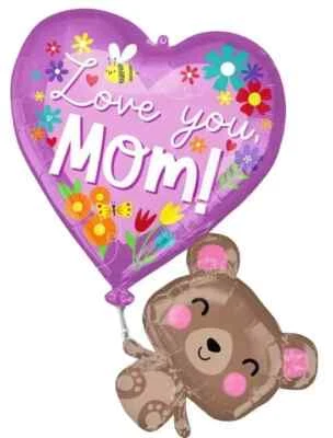 31" Día de la Madre 'Love You Mom' Corazón con Oso Globos de Lámina para Día de la Madre Foto 1 de 3