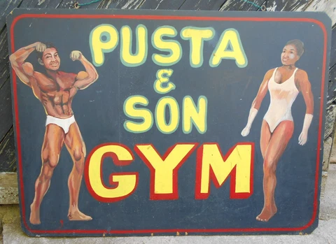 VINTAGE HAND PAINTED GYM SIGN "PUSTA AND SON" ON WOOD PANEL Cover